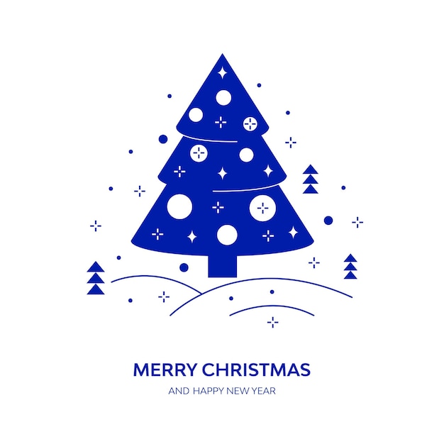 Merry Christmas and happy New Year greeting card or banner Silhouette of a New Year Christmas tree on the background of winter landscape Vector flat illustration in trendy geometric minimalism style