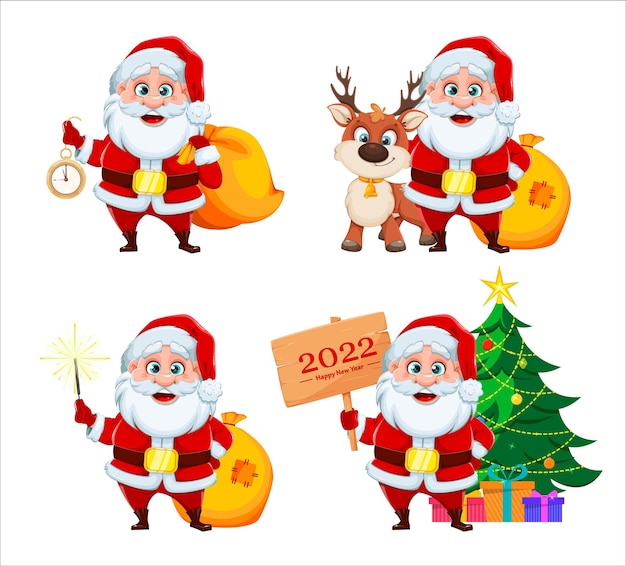 Merry Christmas and Happy New Year greeting card. Cheerful Santa Claus, set of four poses. Vector illustration