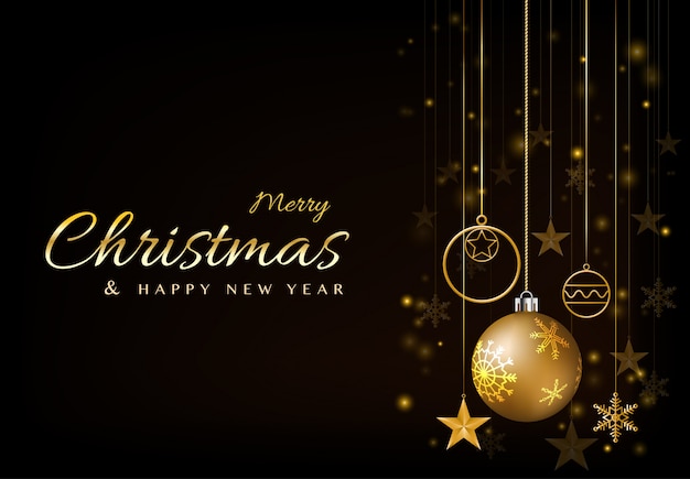 Merry christmas and happy new year greeting card design with ball glowing glittering golden