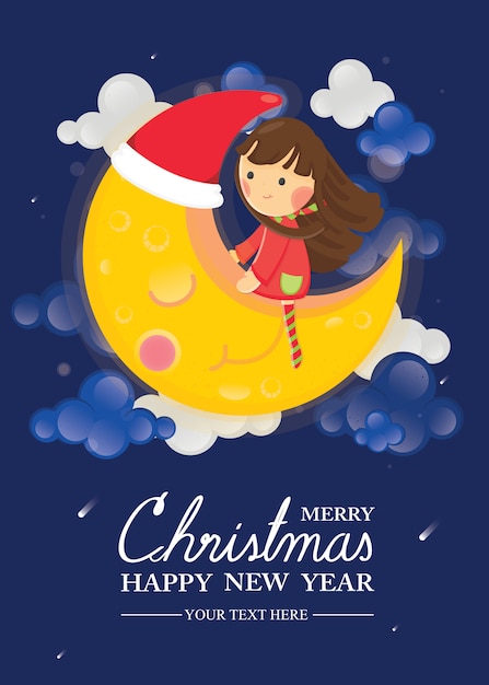 Merry Christmas and Happy New Year greeting card. Little girl sitting on smiling moon 