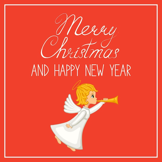 Merry Christmas and happy new year greeting card, poster. The text and the angel with horn