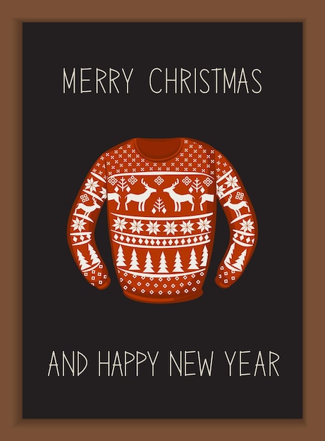 Merry Christmas and Happy New Year greeting card. Red Christmas sweater on dark background.