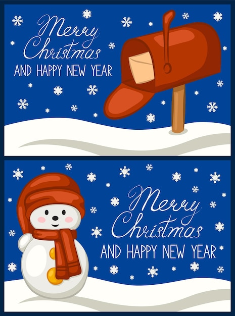 Merry Christmas and happy new year greeting card set, posters. Cute snowman and mailbox.