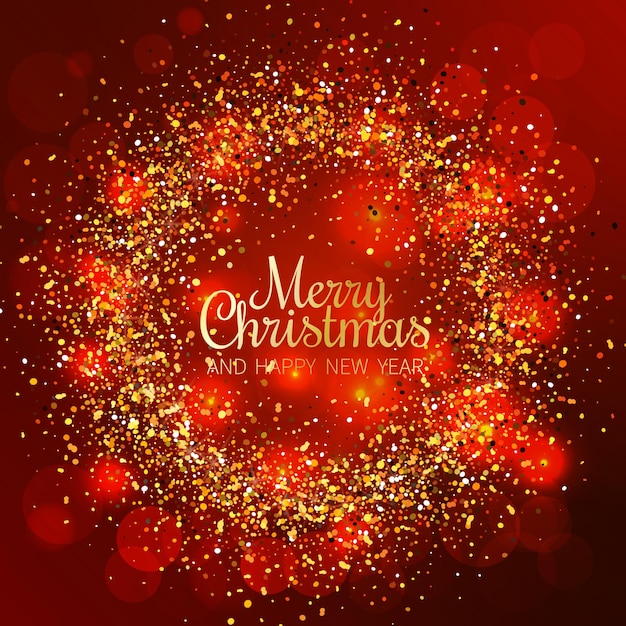 Vector merry christmas and happy new year greeting card shiny background with sparkles dark red background with golden text