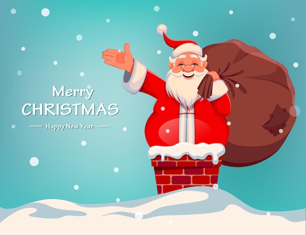 Merry Christmas and Happy New Year greeting card. Smiling Santa Claus with huge sack with presents gets out of the chimney. Stock vector illustration