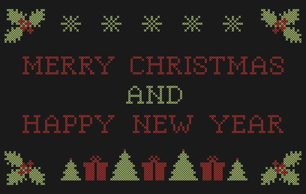 Merry Christmas and Happy New Year greeting card. Vector cross-stitch embroidery