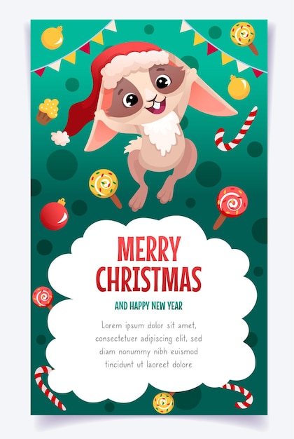 Merry Christmas and Happy New Year greeting card with cute happy xmas rabbit in Santa hat gift box