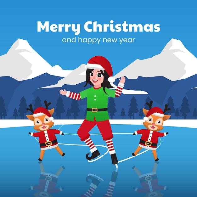 Merry christmas and happy new year greeting card with Elf and reindeer dancing in the snow