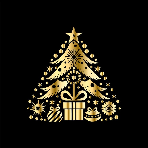 Vector merry christmas and happy new year greeting card with golden christmas tree and gifts vector