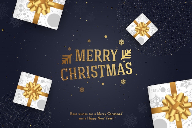 Merry Christmas and Happy New Year. Greeting card with an inscription and gifts with bows and ribbons