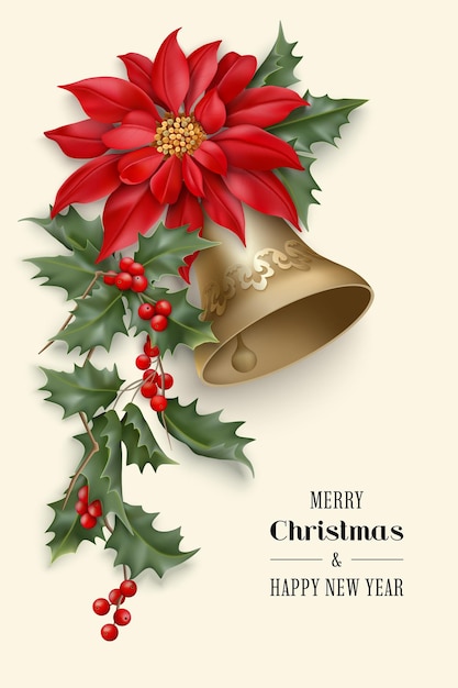 Merry Christmas and Happy new year greeting card with photorealistic Christmas star flowers and bell. Poinsettia flower and holly branches on a light backdrop