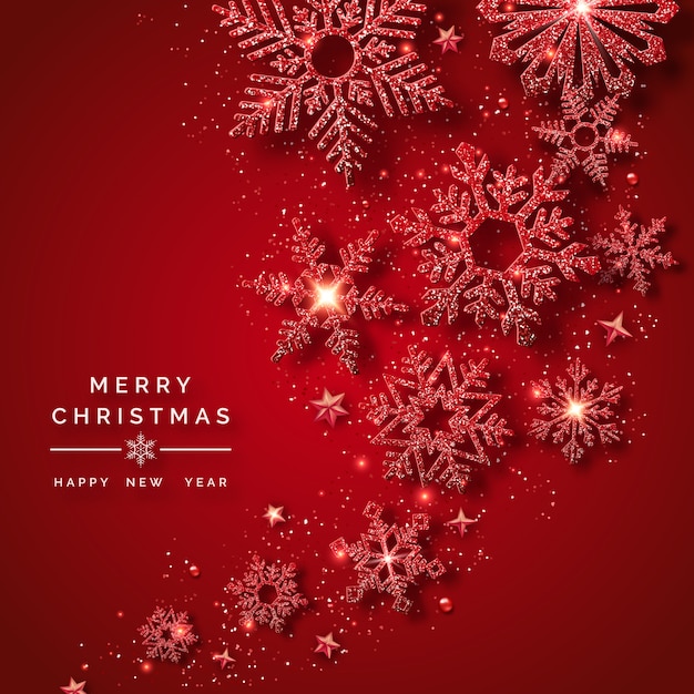 Merry christmas and happy new year greeting card with shining red snowflakes, balls, stars and confetti.