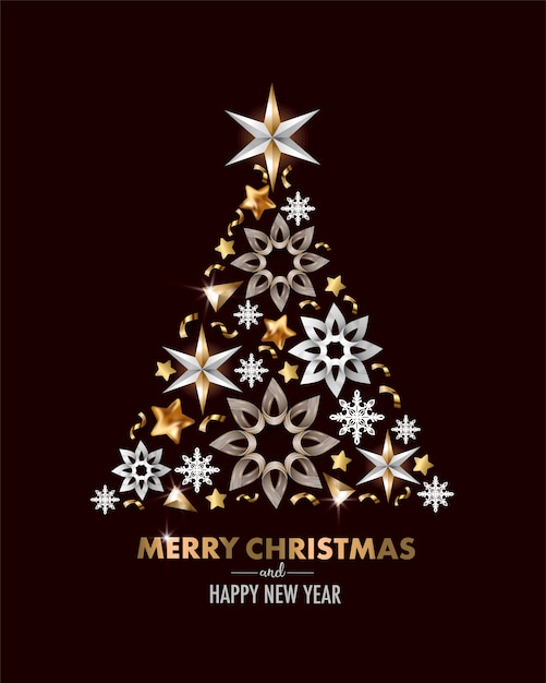 Merry Christmas and Happy New Year greeting card with snowflakes and star. Vector.