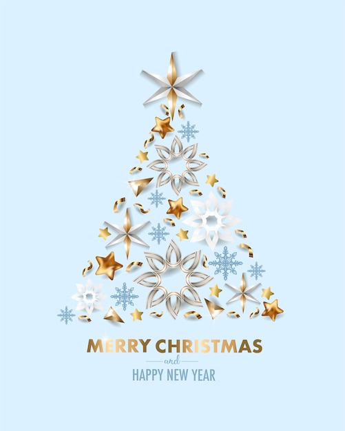 Merry Christmas and Happy New Year greeting card with snowflakes and star. Vector.