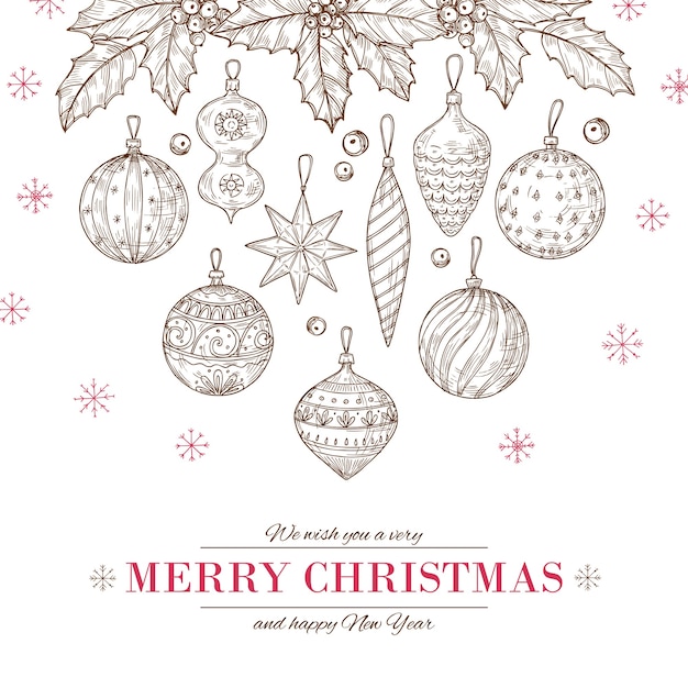 Merry christmas and happy new year greeting card with xmas tree decorations and holly leaves and berries.