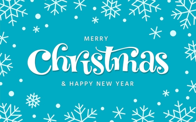 Merry Christmas Happy New Year greeting card Xmas frosty background with hand lettering snowflakes confetti Snowy winter holiday poster web banner handwritten postcard flyer brochure cover