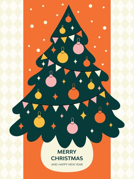 Merry Christmas and happy New Year greeting cards poster holiday cover with text Christmas tree ornate decorated with toys and garlands Xmas design flat vector illustration in minimalism style