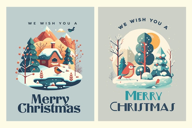 Merry Christmas Happy New Year Greetings Card Invitation Banner flat vector