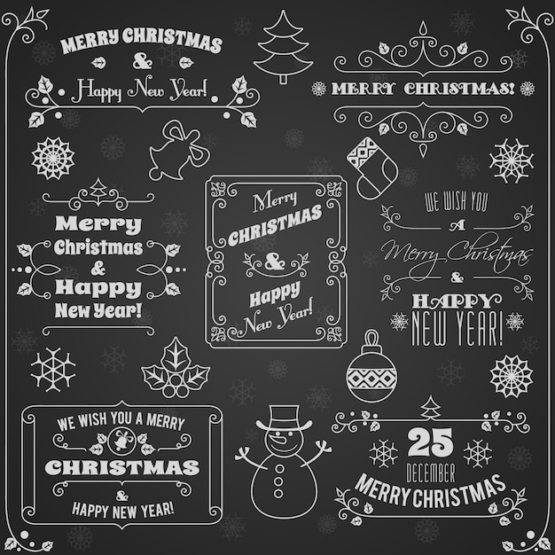 Merry Christmas and Happy New Year greetings on chalkboard set