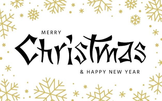 Merry Christmas and Happy New Year hand drawn brush lettering Xmas background with black ink pen Chinese calligraphy golden snowflakes Winter holiday creative typography greeting card banner poster