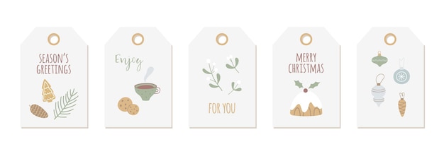 Merry Christmas and Happy New Year hand drawn labels set. Winter season greetings. Vector template.