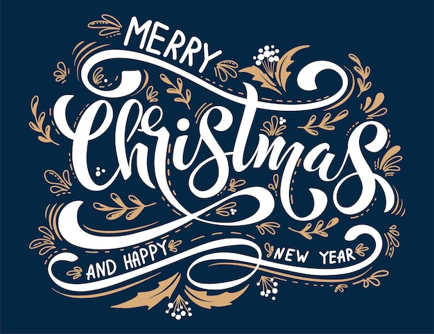 Merry Christmas and Happy New Year hand lettering calligraphy. Vector holiday illustration element. Typographic element for banner, congratulations.