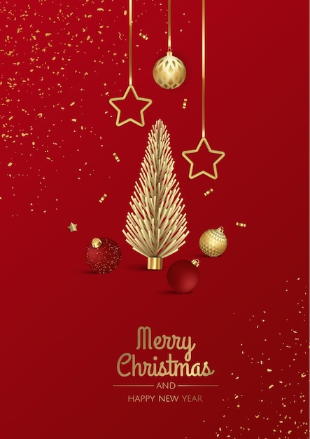 Merry Christmas and Happy New Year Holiday illustration Xmas design with realistic vector 3d objects golden christmass ball snowflake glitter gold confetti