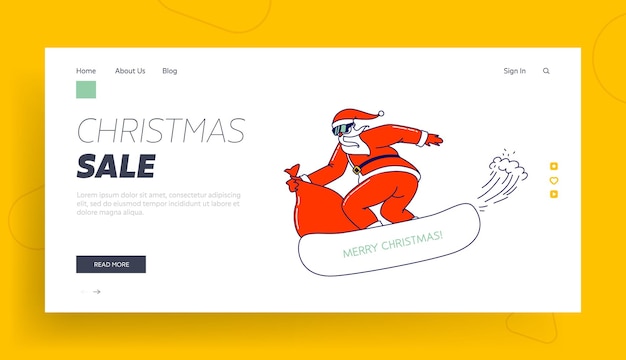 Merry Christmas and Happy New Year Holidays Activity and Spare Time Landing Page Template. Santa Claus Character in Red Costume and Gifts Sack Perform Stunts on Snowboard. Linear Vector Illustration