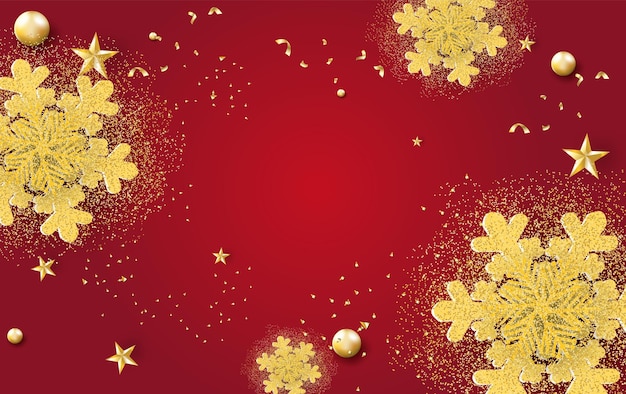 Merry Christmas and Happy New Year horizontal banner.Red tone background with Glitter ribbon realistic gold snowflakes.Paper cut and craft style.Graphic frame space for your text Vector illustration