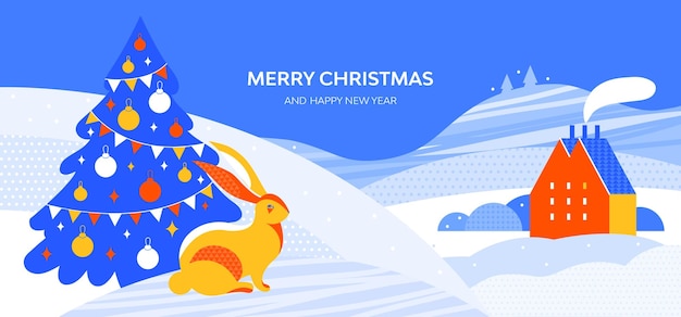 Merry Christmas and happy New year horizontal banner Winter landscape of countryside with cozy house Cute hare or bunny near the Christmas tree Chinese zodiac Rabbit symbol Vector illustration