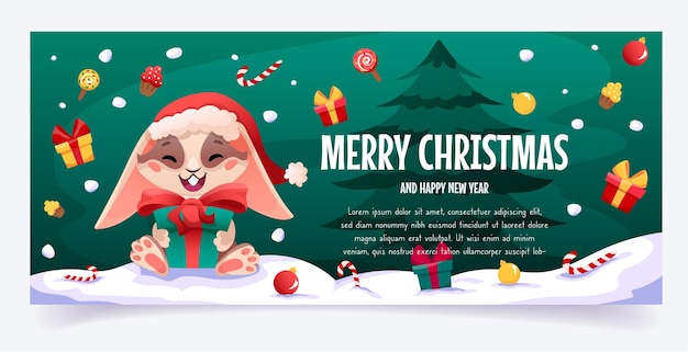 Merry Christmas and Happy New Year horizontal banner with cute xmas rabbit gift box snow