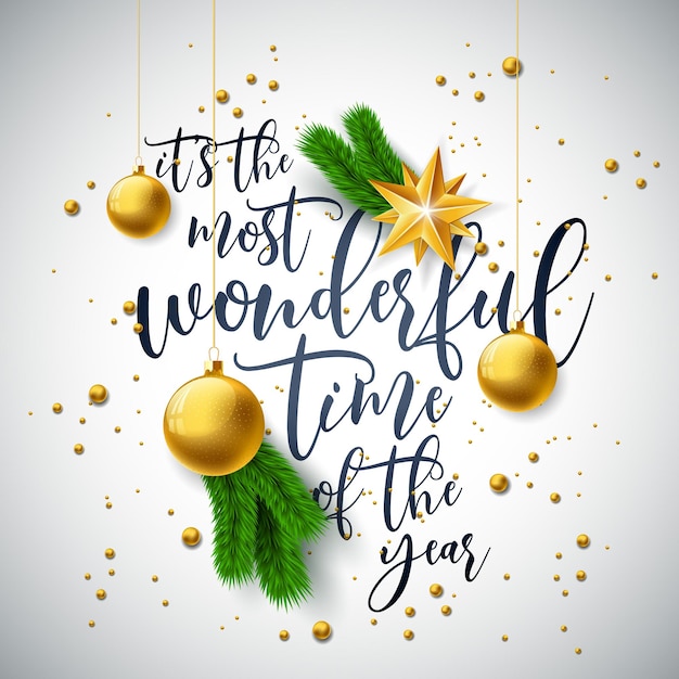 Merry christmas and happy new year illustration with gold glass ball star and pine branch