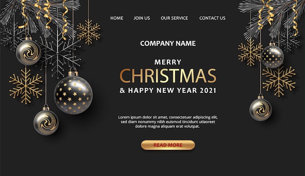 Merry Christmas and Happy New Year landing page template with Christmas decorations