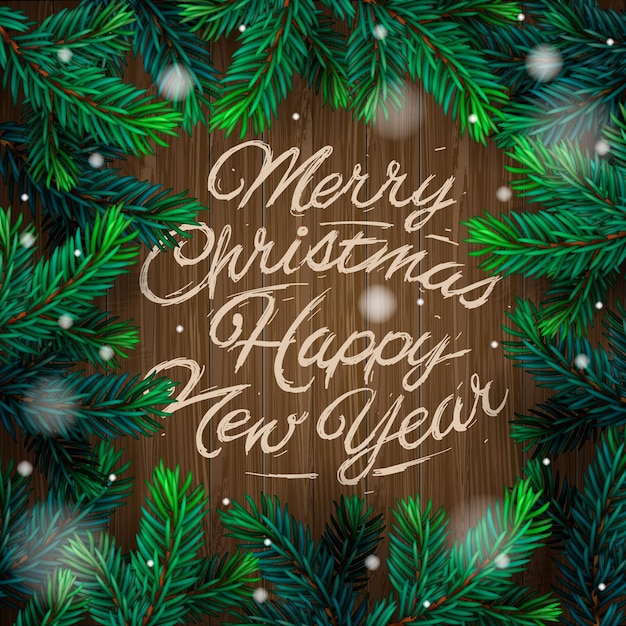 Merry Christmas and Happy New Year lettering with Christmas Tree Branches template, vector image