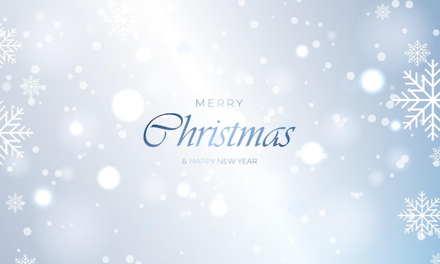 Merry christmas and happy new year light blue festive background with bokeh lights and snowflakes