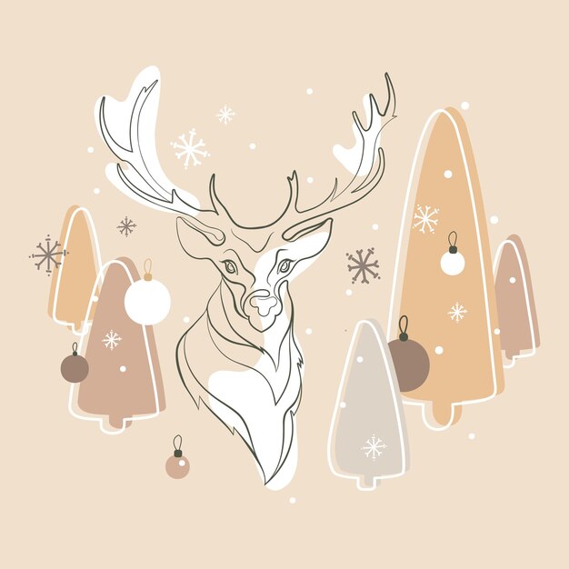 Vector merry christmas and happy new year modern illustration with deer and christmas trees,vector graphic