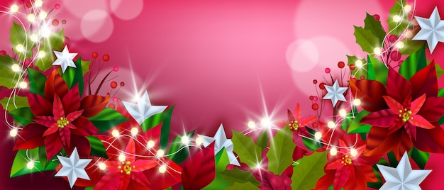 Merry Christmas and Happy New Year poinsettia background with winter flowers, leaves, decorations