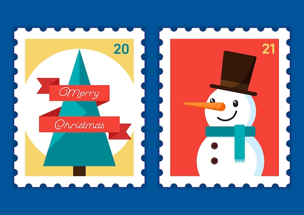 Merry Christmas and happy new year postage stamp  template decorative with ribbon tree and snowman