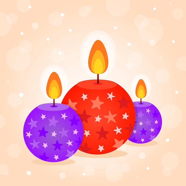 Merry Christmas and Happy New Year. Postcard for congratulations. Candle, fire, bokeh background.