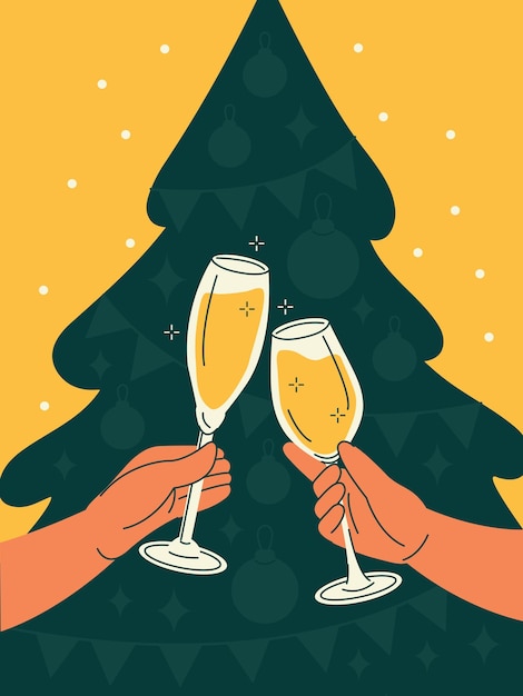 Vector merry christmas and happy new year poster or banner cheers or festive toast with champagne on background of silhouette of christmas tree hands with alcohol drinks colorful flat vector illustration