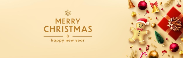 Merry Christmas and Happy New Year Poster or banner with gingerbread mengift box and element