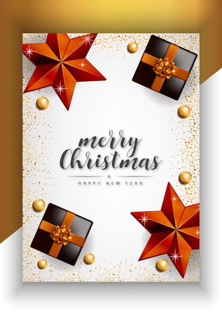 Merry Christmas Happy New Year Poster with  golden stars and Christmas elements Premium Vector