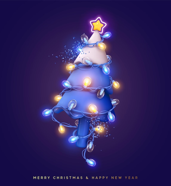 Merry Christmas and Happy new year. Realistic 3d design Christmas tree sparkling bright light garlands, golden star. Festive Xmas compositions. Holiday greeting card. Vector illustration