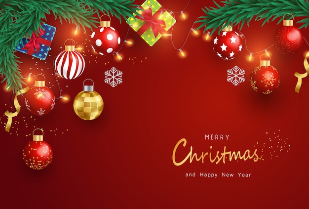 Merry Christmas and Happy New Year on Red background. Christmas Background With Typography and Elements.