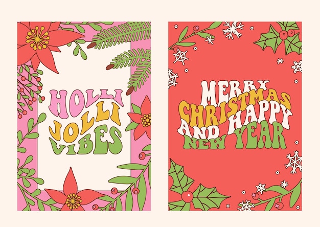 Merry christmas and happy new year retro groovy greetings cards set floral winter trendy retro carto