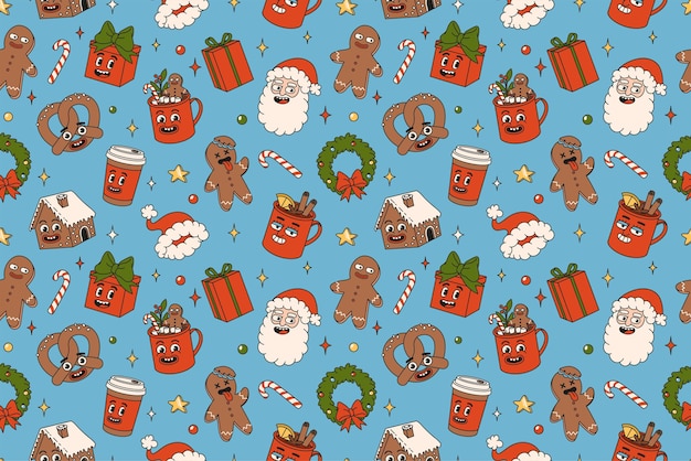 Merry Christmas and Happy New year seamless pattern Santa Claus gifts cocoa coffee gingerbread