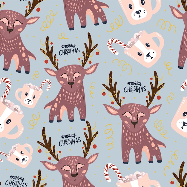 Merry christmas and happy new year seamless pattern with cute elements