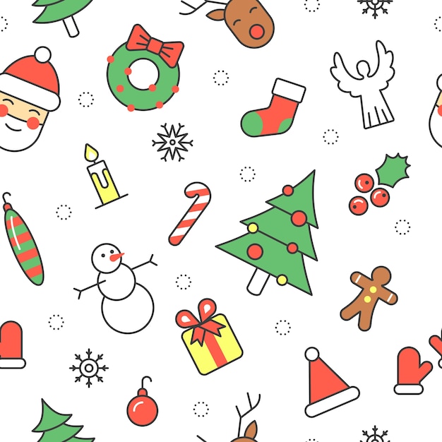 Merry Christmas and Happy New Year Seamless Pattern with Santa Snowman and Christmas Tree. Winter Holidays Wrapping Paper.  Background