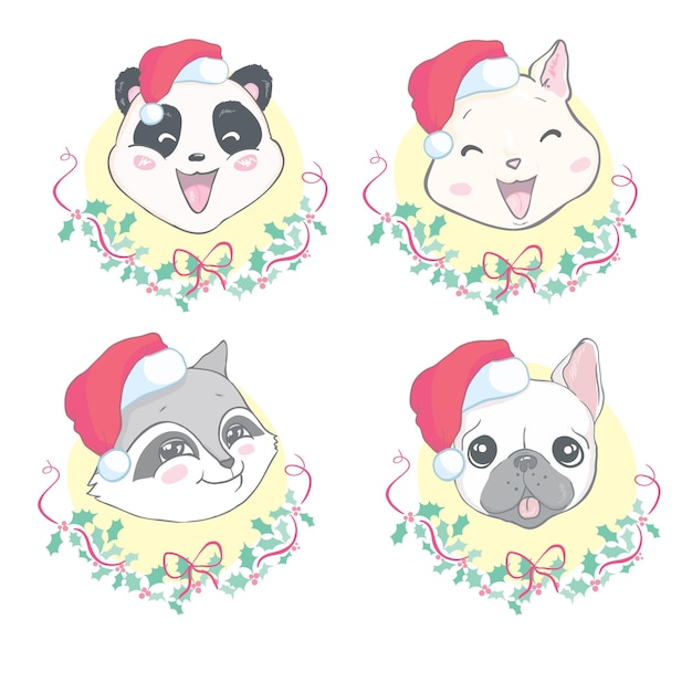 Merry Christmas and happy new year Set Animal head dog raccoon pig panda cat with santa hat Vector character hand drawn illustration isolated on white background