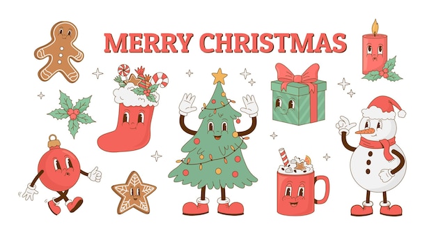 Merry Christmas and Happy New year set in retro style tree giftbox coffee snowman cartoon mascot